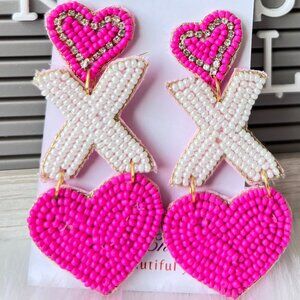 Handmade Beaded Earrings Pink XOXO Beaded Hearts Jewelry